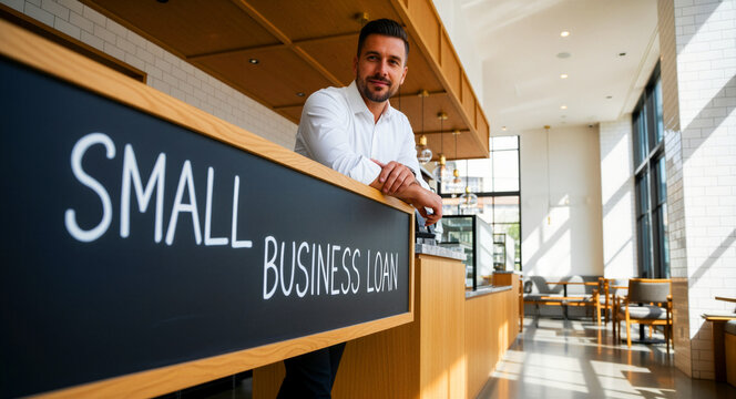 Man leaning on counter with small business loan sign in cafe. Entrepreneur smiling in modern shop interior. Financial funding and startup growth concept for banking marketing.