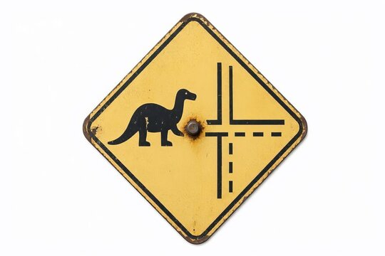 An old yellow traffic sign with a dinosaur image on a white background, indicating the direction of travel