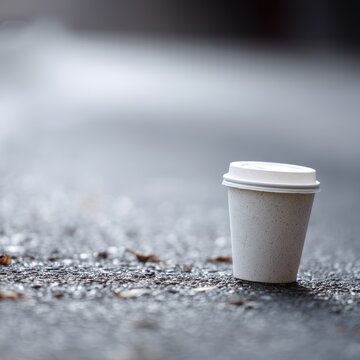 disposable coffee cup thrown on road litter pollution concept