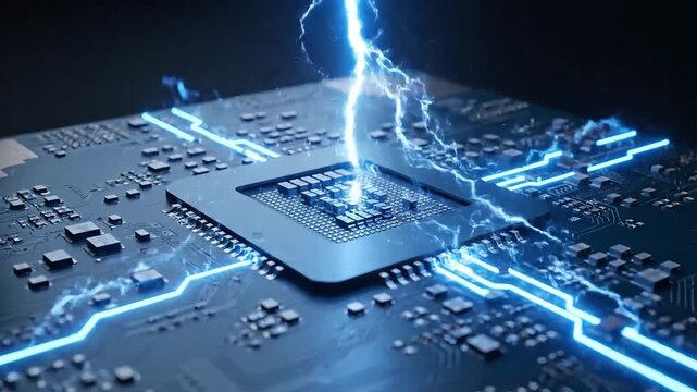 Computer motherboard displays intense electrical discharge arcs emerging from a central chip.