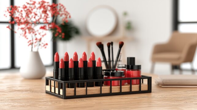 Stylish display of vibrant lipsticks on wooden table with makeup brushes and cosmetic products in contemporary beauty interior setting