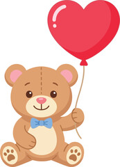 Fototapeta premium Cute cartoon teddy bear holding a red heart-shaped balloon, sitting down, wearing a blue bow tie stuffed animal