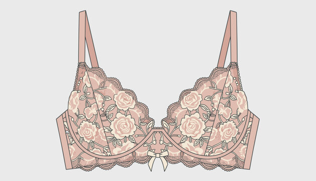 Beautiful dusty pink lace brassiere decorated with elegant rose embroidery and a delicate bow in the center.