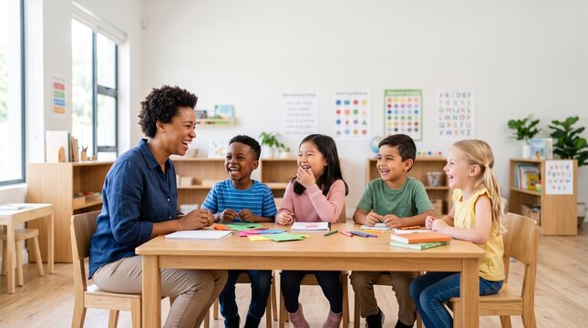 A diverse group of happy young children and their teacher engaging in a fun learning activity at a wooden table in a bright classroom.