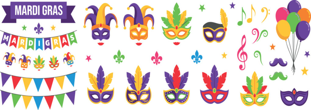 Mardi Gras carnival vector element set with cartoon jester mask masquerade feathers bunting and balloon clipart