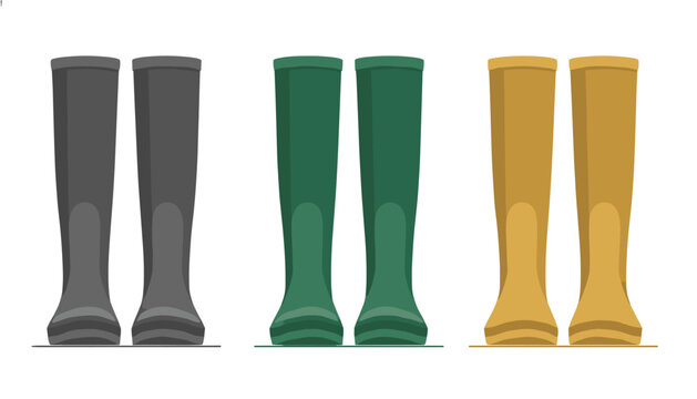 Row of three pairs of classic rubber rain boots in grey, green, and yellow isolated on a clean white background.