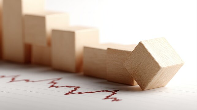 wooden blocks 2026 with falling stock chart economic uncertainty concept