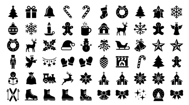 Christmas icons represent a collection of festive holiday symbols arranged in a grid pattern on a white background.