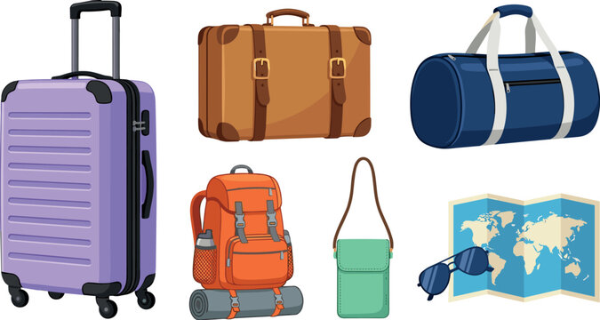 Travel luggage vector set with cartoon rolling suitcase backpack duffel bag and world map clipart