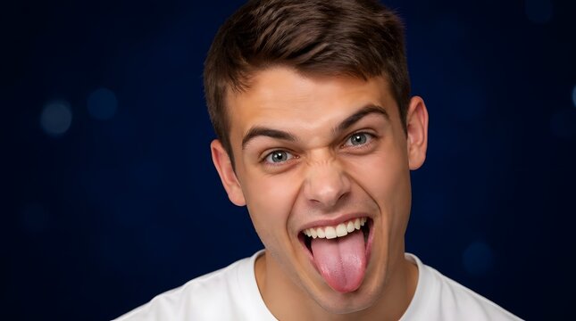 Young man making a funny face by sticking his tongue out at the camera.