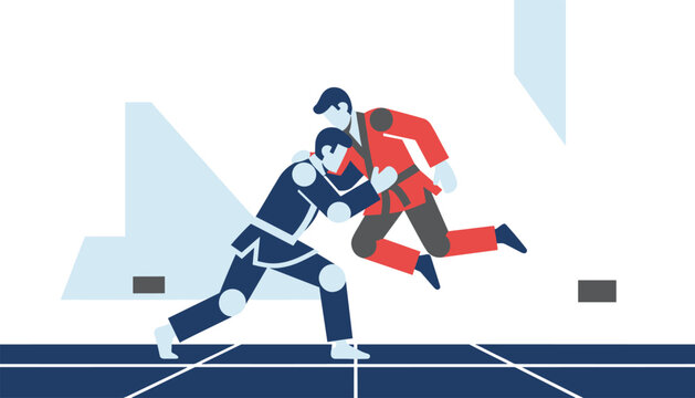 Dynamic flat design illustration of two martial artists wrestling and sparring in red and blue uniforms on a mat.