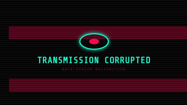 Glowing transmission corrupted error message, neon-lit data stream malfunction on black background with red accents, seamless loop animation, symbolizing technology failure and digital disruption.