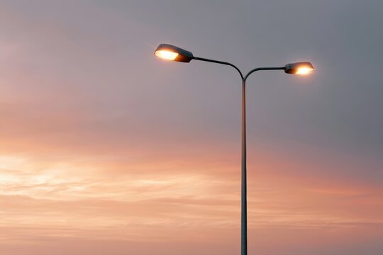 5G smart streetlight, connected urban infrastructure at sunset