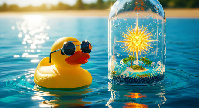 Rubber duck with sunglasses floats beside a bottle on water. Jar holds a mini tropical island and sun. Summer fun and ecological fantasy concept for travel and holiday ads.