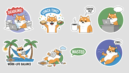 Obraz premium Shiba inu dog sticker set illustrating work life, office stress, coffee break, and work life balance in cute cartoon style.