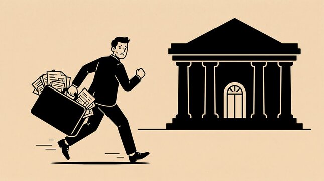Business executive running away from bank building with briefcase full of documents in minimalist flat vector illustration