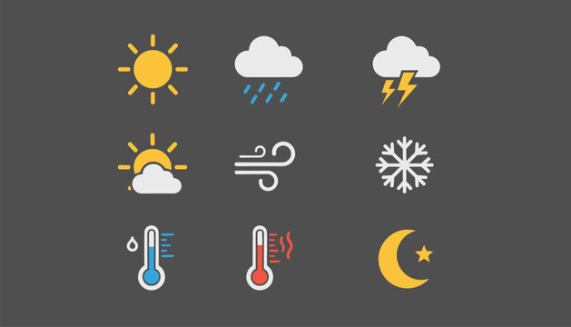 Comprehensive set of nine minimalist weather forecast icons designed with soft colors on a dark background.