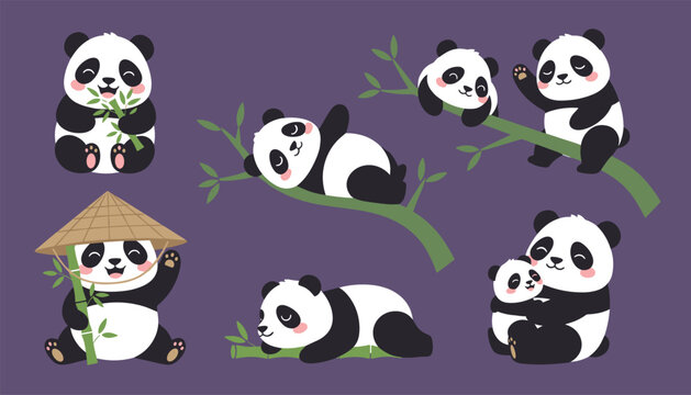Cute panda cartoon characters in different active poses climbing bamboo trees, sleeping, and hugging on a purple background.