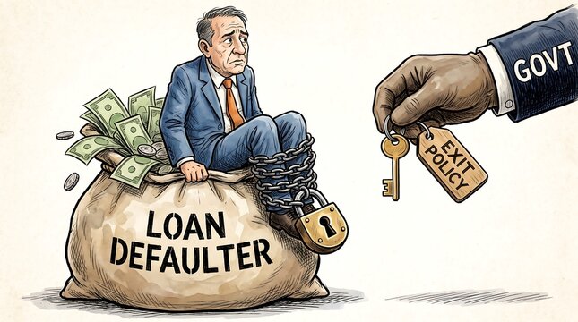 Loan defaulter sitting on money bag locked with heavy chains as government hand offers exit policy key