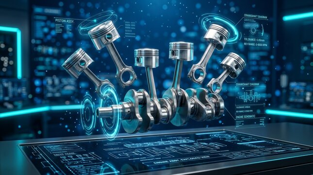 Exploded view of internal combustion engine parts for mechanical engineering and mechanic design.