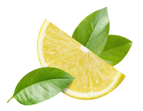 Fresh juicy lemon wedge with green leaves, isolated on transparent cutout background