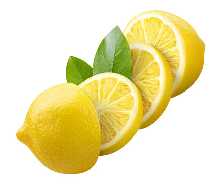 Ripe yellow lemon pieces with green leaves, isolated on transparent cutout background