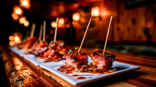 Gourmet meat skewers served as appetizer on white plate in ambient restaurant setting with appetizer