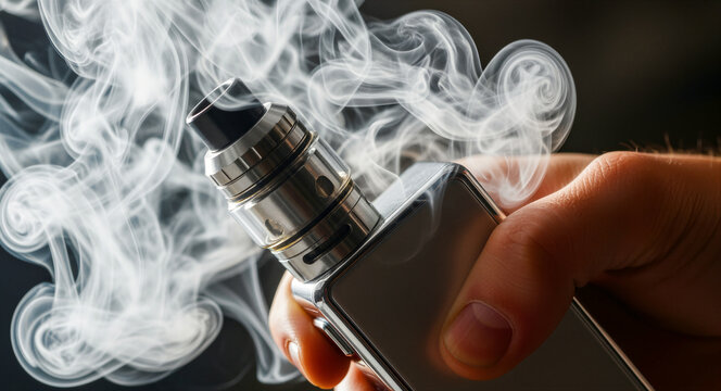 Hand holding an electronic cigarette emitting thick clouds of white vapor. Metal vape mod against a dark, dramatic background. Tobacco alternative concept for addiction awareness and lifestyle ads.