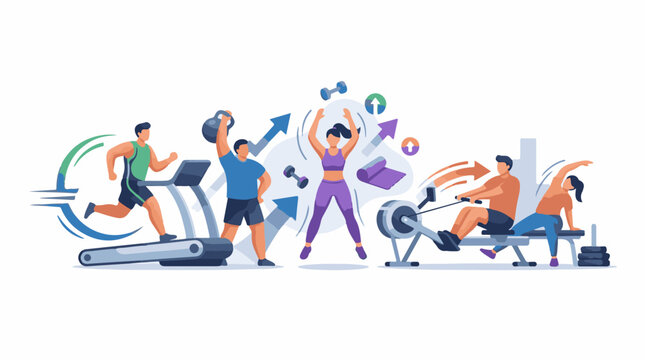 Fitness enthusiasts engage in various exercises like running lifting jumping rowing and stretching