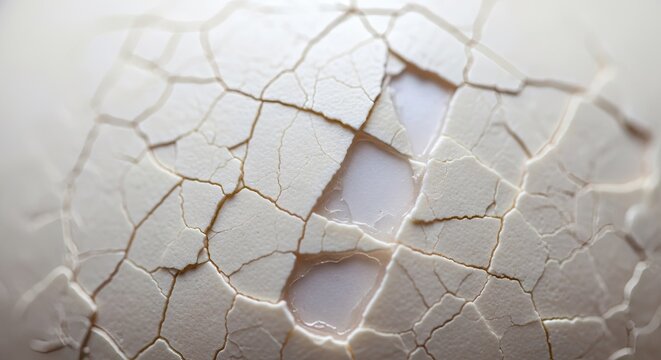 Detailed macro shot of white cracked fragile eggshell texture.