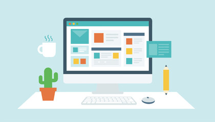 Fototapeta premium Workspace desktop scene featuring a computer monitor displaying web pages alongside a potted cactus, coffee mug, and a pencil.