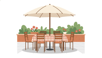 Obraz premium Cozy backyard patio dining table with a red checkered tablecloth, matching chairs, and a large sunshade umbrella.