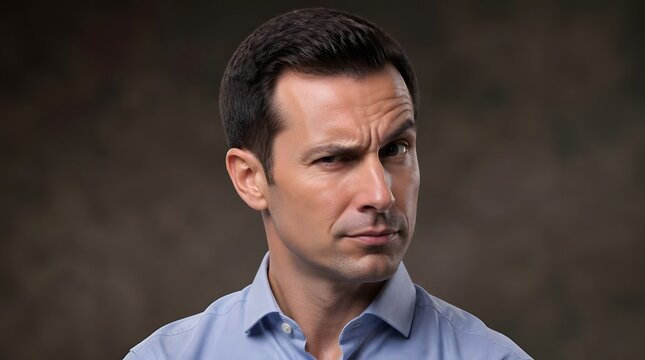 Portrait of a suspicious man looking at the camera with a skeptical expression.