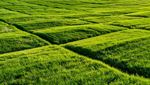 Geometric rows of lush green tea plantation fields in bright sunlight, patterns of nature, agriculture