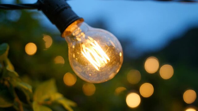 Close-up of a glowing Edison bulb string light at dusk.