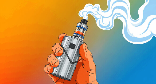 Hand holding a silver electronic cigarette emitting white vapor clouds. Comic style illustration of a vape mod device against a vibrant gradient. Modern smoking alternative lifestyle concept.