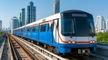 Naklejka premium Modern Urban Train on Elevated Tracks with City Skyline Background in Clear Weather Under Bright Blue Sky