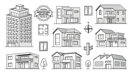 Fototapeta premium Modern architectural line drawings of houses and apartments.