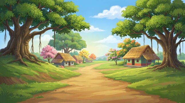 Scenic rural village pathway with traditional houses and large trees village life rural living countryside landscape thatched pastoral outdoors