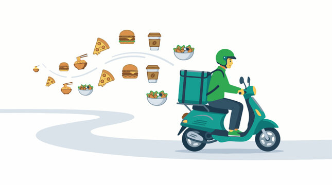 Food delivery rider on a scooter transports various meals on a winding road