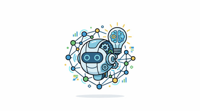 Friendly robot head with a glowing lightbulb brain and connected nodes