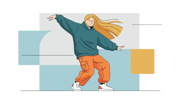 Energetic young blonde woman dancing hip hop gracefully in a loose teal hoodie and bright orange cargo pants.