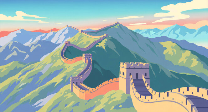 Great Wall of China illustration winding through mountains. Vector landscape with watchtowers under a pastel sky. Travel and heritage concept for cultural marketing.