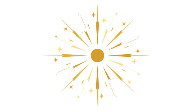 Golden starburst graphic element with shining cosmic rays and tiny stars exploding from a central sun circle.