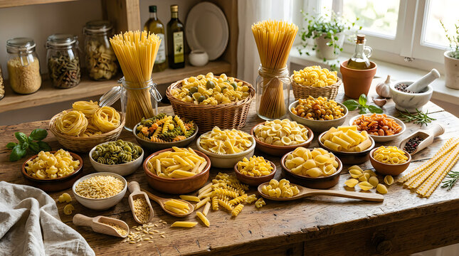 Assortment of dried pasta varieties on rustic wooden tabletop
