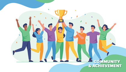 Fototapeta premium Diverse group of happy young people lifting a gold trophy cup together to celebrate their community achievement.