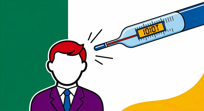 Illustration of man measured by thermometer displaying idiot. Character representing a fool or stupid person. Metaphor for social judgment, suitable for satirical editorial and blogs.