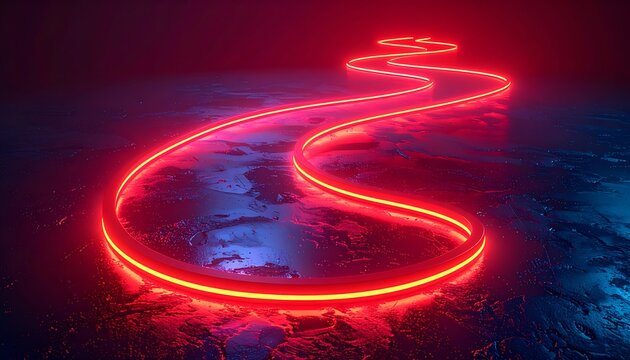 Glowing red LED strip light forming a winding path on a dark, wet, textured surface, futuristic ambient lighting