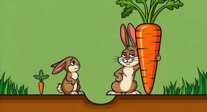 Cartoon rabbit showing off a giant carrot to a smaller bunny with a tiny carrot. Animated comparison of success and failure. Ideal for envy and achievement marketing themes.