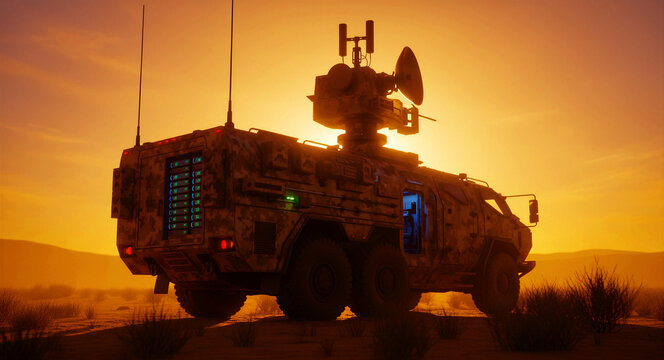 Military vehicle with radar in desert at sunset. Special forces command unit featuring camouflage. Surveillance and defense technology concept for tactical marketing.